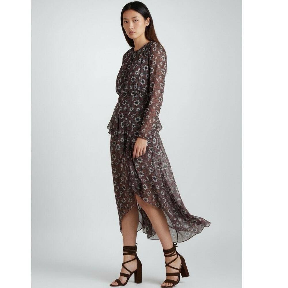 Veronica Beard Sazan Ruffled Silk Midi Dress Clay Multi Floral 6 Prairie Boho